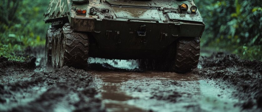 An armored vehicle forges through a muddy jungle track, highlighting its robust engineering and tenacity in challenging environments.