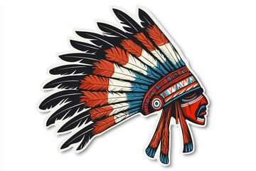 Flat cutout vector sticker of a feathered native american headdress, isolated on white background.