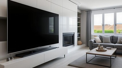 A large TV on a white stand, next to a fireplace, in a light-colored living room. 