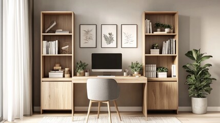 Modern home office wooden desk two bookshelves either Design scandinavian interior