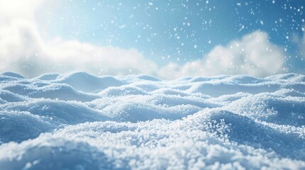 A field of freshly fallen snow with a blue sky and sunlight shining through clouds.