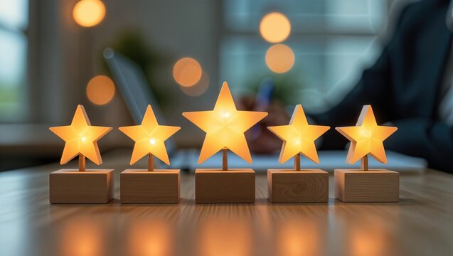 Five illuminated star awards sit on a table, representing a five-star rating or top-tier achievement, with a blurred background suggesting a business setting. Concept of achieving five-star success.