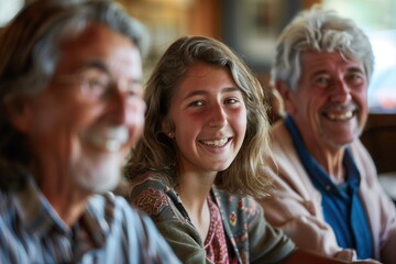 Fototapeta premium Retirement Planning and Financial LiteracyA warm, candid gathering of three people, including a smiling young woman, highlighting connection and joy in a social setting.