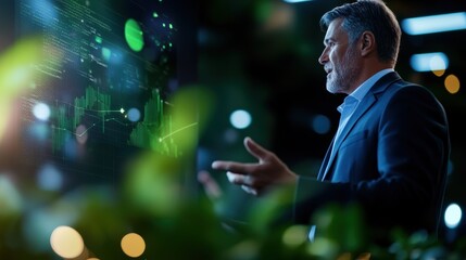 A businessman presents data analytics in a modern conference space, blending technology and nature in a dynamic setting.