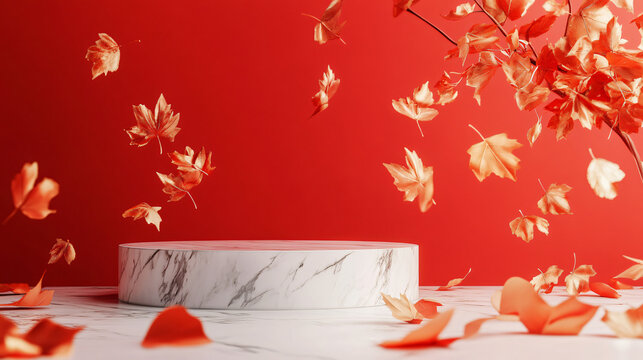 vibrant red backdrop features sleek marble podium surrounded by floating orange leaves, creating dynamic and artistic scene