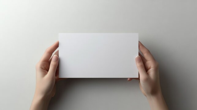 Pair hands holding blank white card are positioned Woman s flip