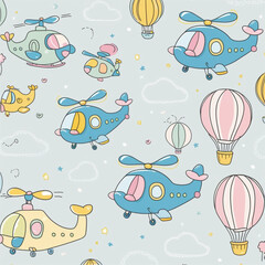 A vibrant  design showcases various adorable aircraft like helicopters, hot air balloons, and planes against a light background. Perfect for children's spaces or playful decor. generative ai