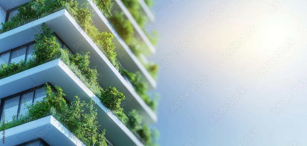 Poster Infrastructure headquarters concept. A modern building with green balconies, showcasing a blend of architecture and nature under a clear sky.
