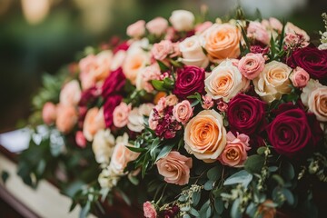Colorful roses forming a bouquet for wedding or funeral ceremony
