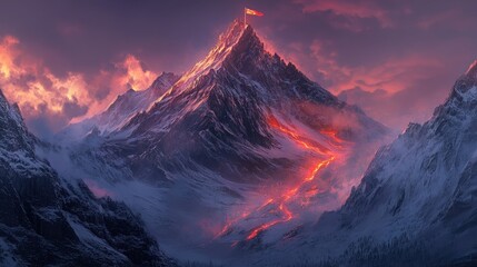 Majestic Mountain Peak at Sunrise with a Proud Flag and Flowing Light Resembling Lava, Capturing the Essence of Adventure, Achievement, and Nature&rsquo;s Grandeur in a Serene Dawn Setting