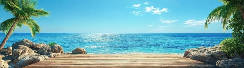 Obraz premium Wooden floor, blue sea and sky background 