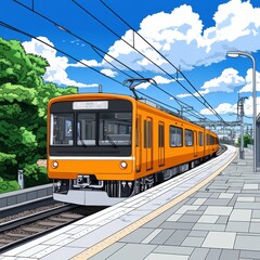 Fototapeta premium Sunny Day Train Station Orange Commuter Rail Summer Sky Platform Scene