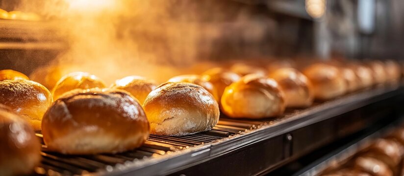 Row freshly baked bread rolls conveyor belt bakery Assortment