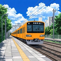 Fototapeta premium Sunny Day Train Station Urban Commuter Rail Bright Yellow Train Summer Scenery