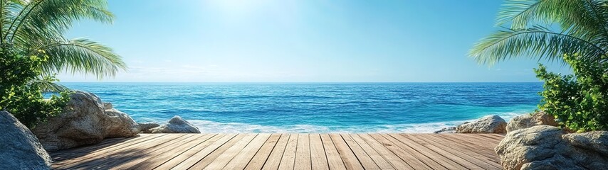 Fototapeta premium Wooden floor, blue sea and sky background 