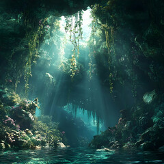 Fototapeta premium Illustration of Mystical Sunlit Cave with Lush Greenery and Water