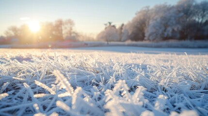 Close-up of frost-covered grass with a blurred sunrise in the background.