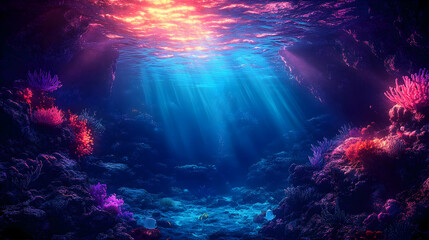 Obraz premium Illustration Deep Sea Coral Reef Sunlight Fish Ocean Underwater