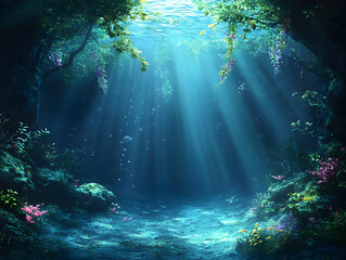 Obraz premium Illustration Underwater Fantasy World Sunlight Rays Bubbles