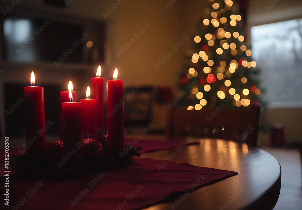 Aufkleber five red candles are lit on a table in front of a christmas tree with twinkling lights