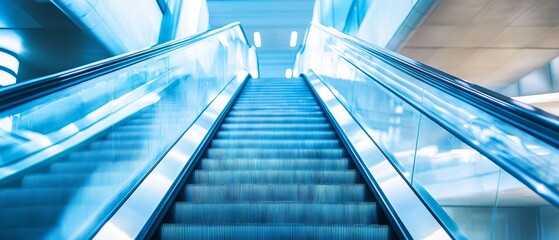 Obraz premium Blurred metro escalator with light blue background in city subway