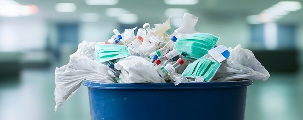 Overflowing Medical Waste Bin in Clinic - Eerie Scene of Biohazard Bags and Discarded Vials Highlighting Neglected Healthcare Environment