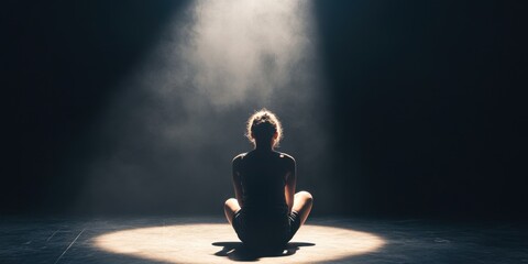 A person sitting under a spotlight in a dark room, feeling exposed and vulnerable
