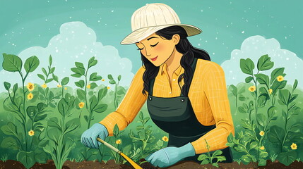 A young woman wearing a hat and gloves tends to a garden, gently working the soil with a small tool. The lush greenery and bright yellow flowers create a vibrant and inviting scene.