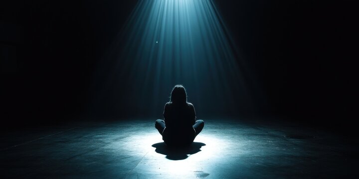 A person sitting under a spotlight in a dark room, feeling exposed and vulnerable