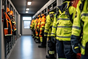 Firefighters' protective clothing hanging in locker room, ready for emergency response