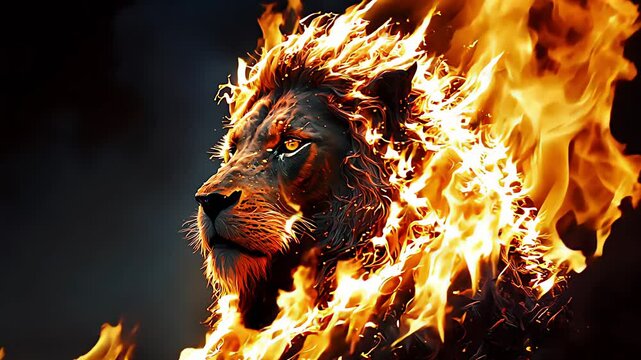 mighty fantasy lion with flames and glowing light. Created with Generative AI.	