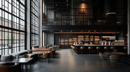 Modern industrial-style coffee shop interior with large glass windows, cozy seating, high ceilings, and a fully stocked counter with barstools and dim lighting for ambiance.