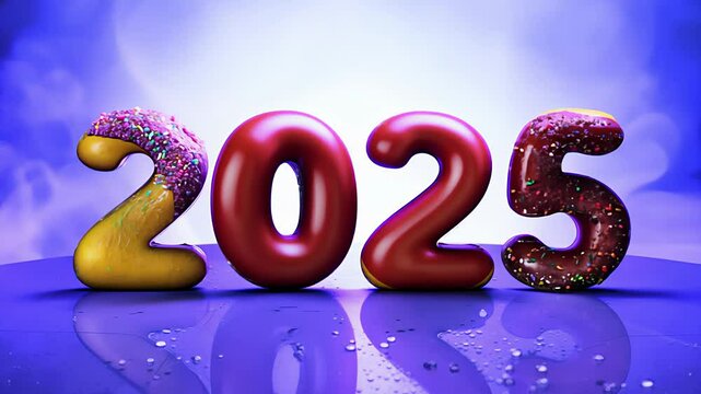 New Year, number 2025, made with candy and cookies. Created with Generative AI.