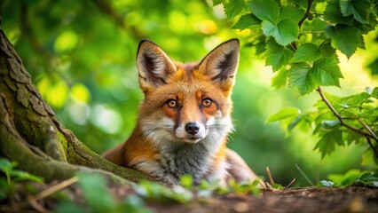 Vivid close up of a red fox relaxing under a leafy green tree in the wild