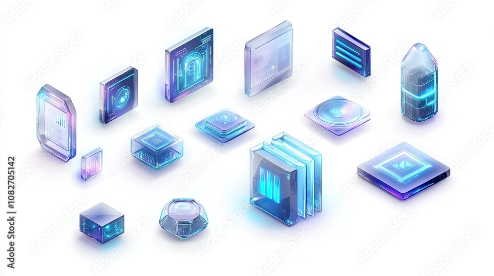 Poster collection of futuristic transparent icons and symbols with glowing effects for digital applications