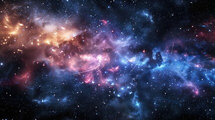 Naklejka premium A breathtaking view of a vast nebula in space with vibrant colors, sparkling stars and swirling clouds of gas and dust.