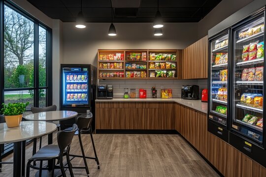 Modern office break room offering diverse snack and beverage options