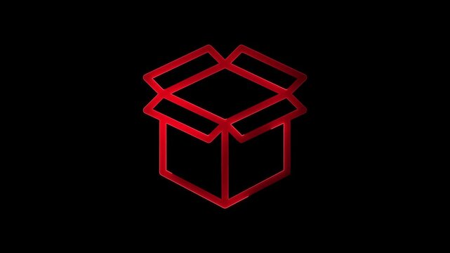 Glowing neon box unboxing icon animation on black background .