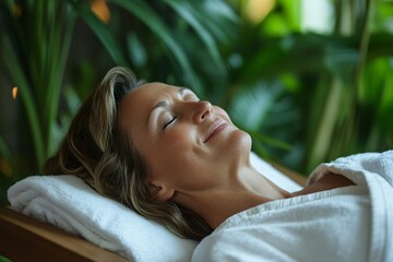 White woman, early 40s, lying on a wooden spa bench, eyes closed, wearing white robe, tropical plants in background, gentle smile, soft green lighting, focusing on calm face, medium close-up 4