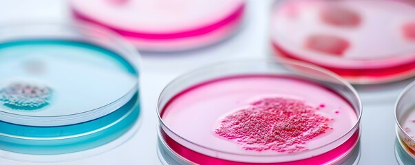 Naklejka premium Vibrant Microbial Cultures in Petri Dishes - Macro View of Intricate Textures and Unique Growth Patterns Under Soft Diffused Lighting