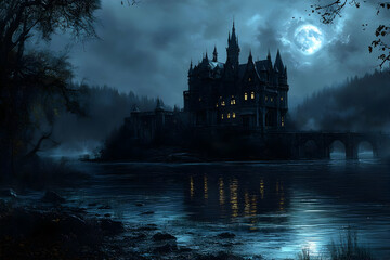 Fototapeta premium Illustration - Gothic Castle Night Moon River Fantasy