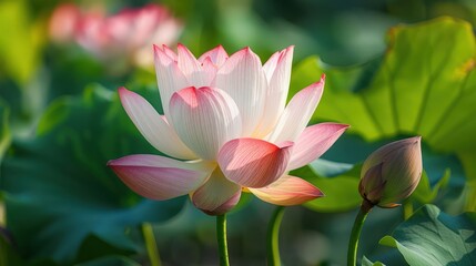 Obraz premium A pink and white lotus flower in bloom with a closed bud and large green leaves in the background.