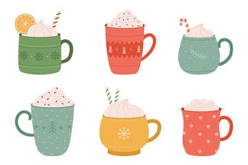 Vector set of colorful Christmas cups with winter drinks in simple cartoon style