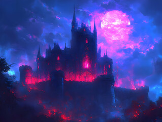 Fototapeta premium Illustration of Gothic Castle, Night, Moon, Fantasy
