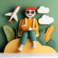 Happy Traveler Boy Reading Book on Vacation Airplane Clouds Leaves