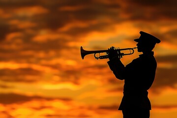 Soldier playing trumpet silhouette at sunset: commemorating fallen heroes
