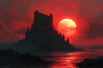 Obraz premium Illustration - Dark Castle, Red Moon, and Crimson Sky