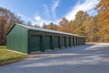 Green self storage units building with multiple garage doors in autumn setting