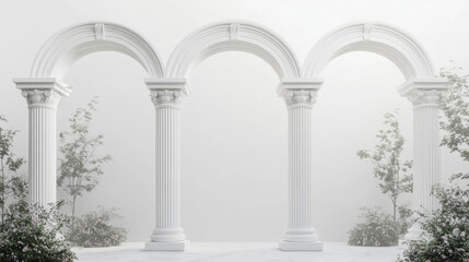 Fototapeta premium Elegant white Greek arch columns surrounded by greenery create serene atmosphere