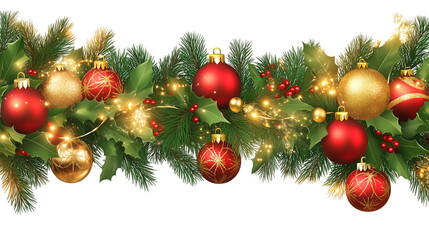 A festive fir branch adorned with shimmering red baubles, perfect for Christmas tree decorations isolated on white background.